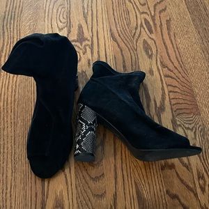 Open toe booties with snakeskin heel